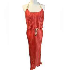 Boston Proper Coral Orange Pleated Halter Maxi Dress size XS 2/4